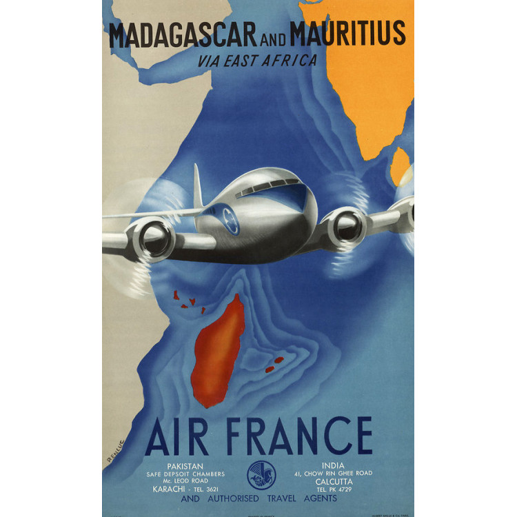 Affiche Air France Madagascar and Mauritius via East Africa, Renluc 1950, airshops.fr