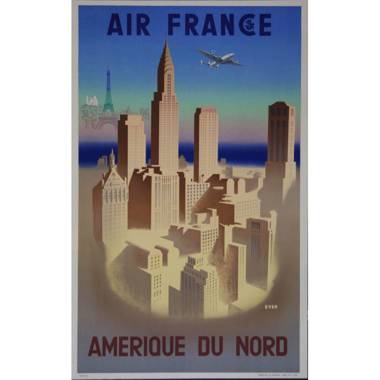 Affiche Air France Amérique du Nord, J.Even 1950